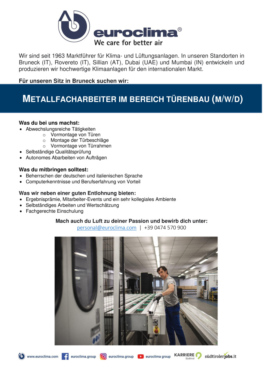 Metallfacharbeiter im Bereich Türenbau (m/w/d)