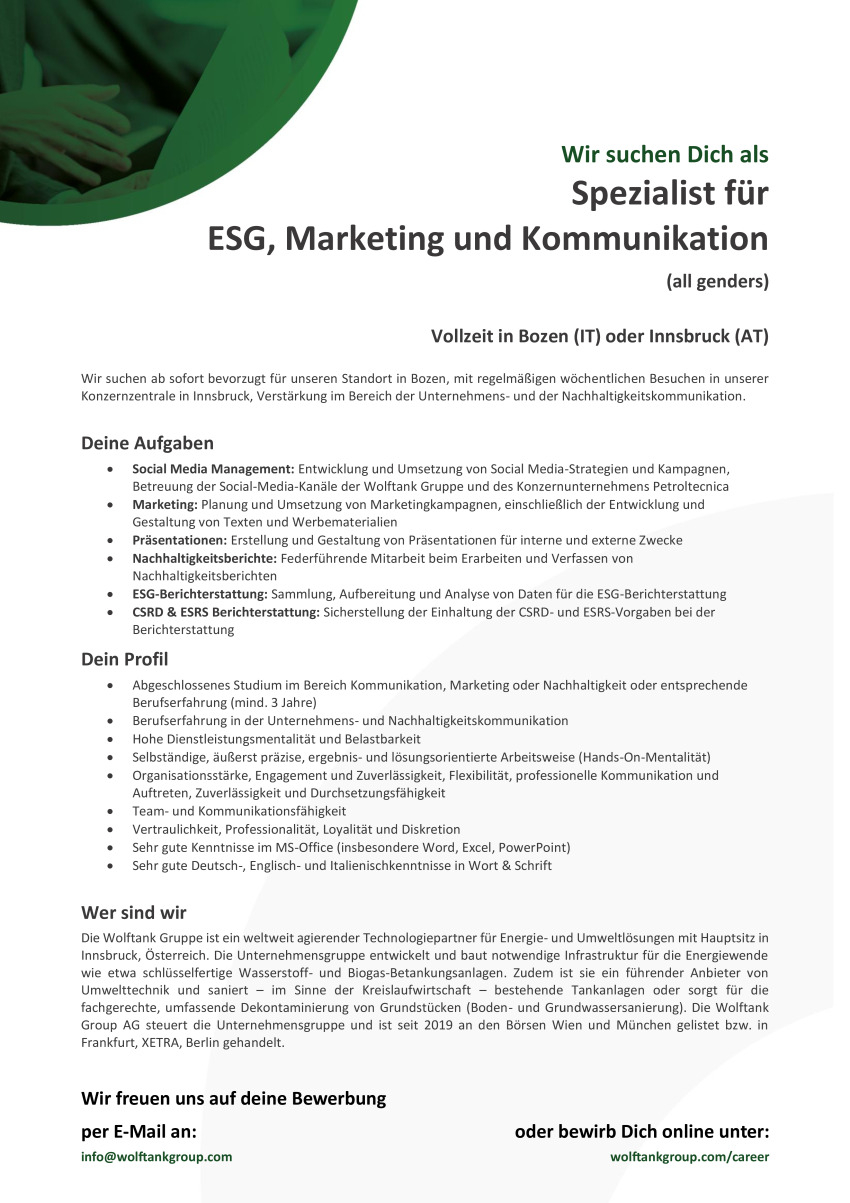 Spezialist für ESG, Marketing und Kommunikation (all genders)