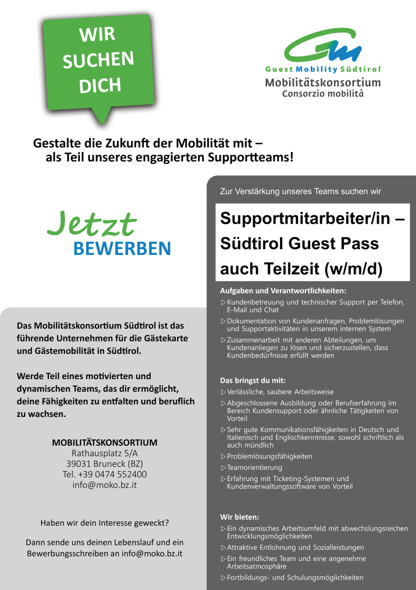 Supportmitarbeiter/in - Südtirol Guest Pass auch Teilzeit (w/m/d)