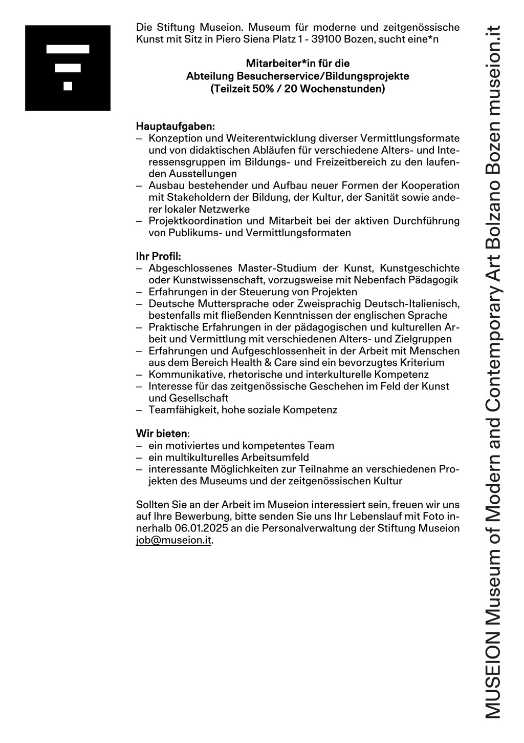 Mitarbeiter*in für die Abteilung Besucherservice/Bildungsprojekte 