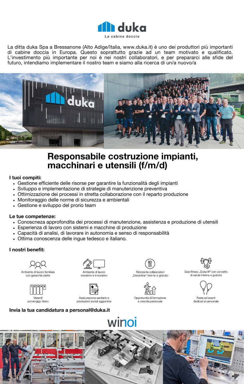 Responsabile costruzione impianti, macchinari e utensili (f/m/d)