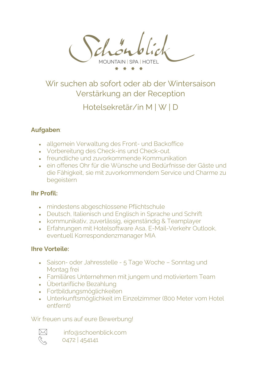 Hotelsekretär/in (m/w/d) ab sofort oder ab der Wintersaison