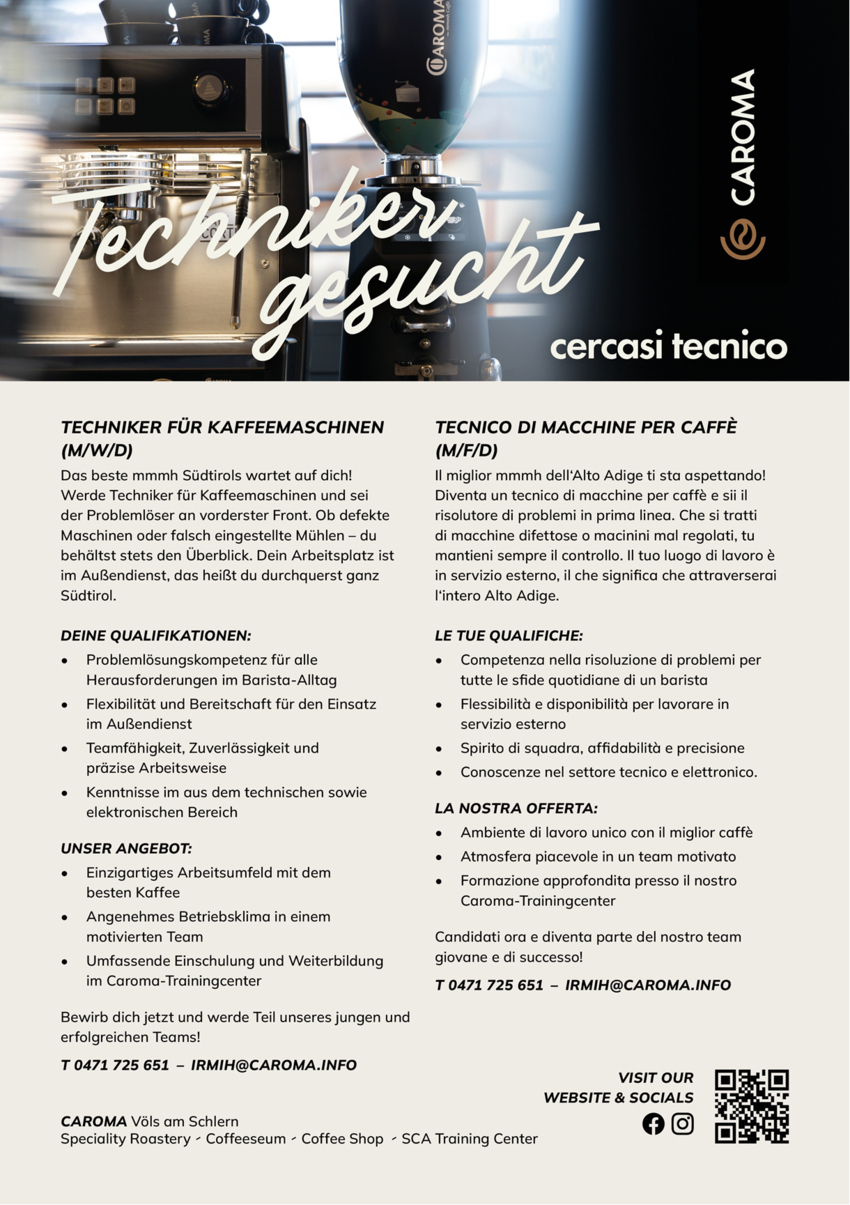 Techniker für Kaffeemaschinen / Tecnico di Macchine per Caffè (m/w/d)