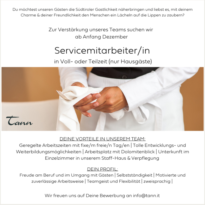 Servicemitarbeiter/in ab Anfang Dezember