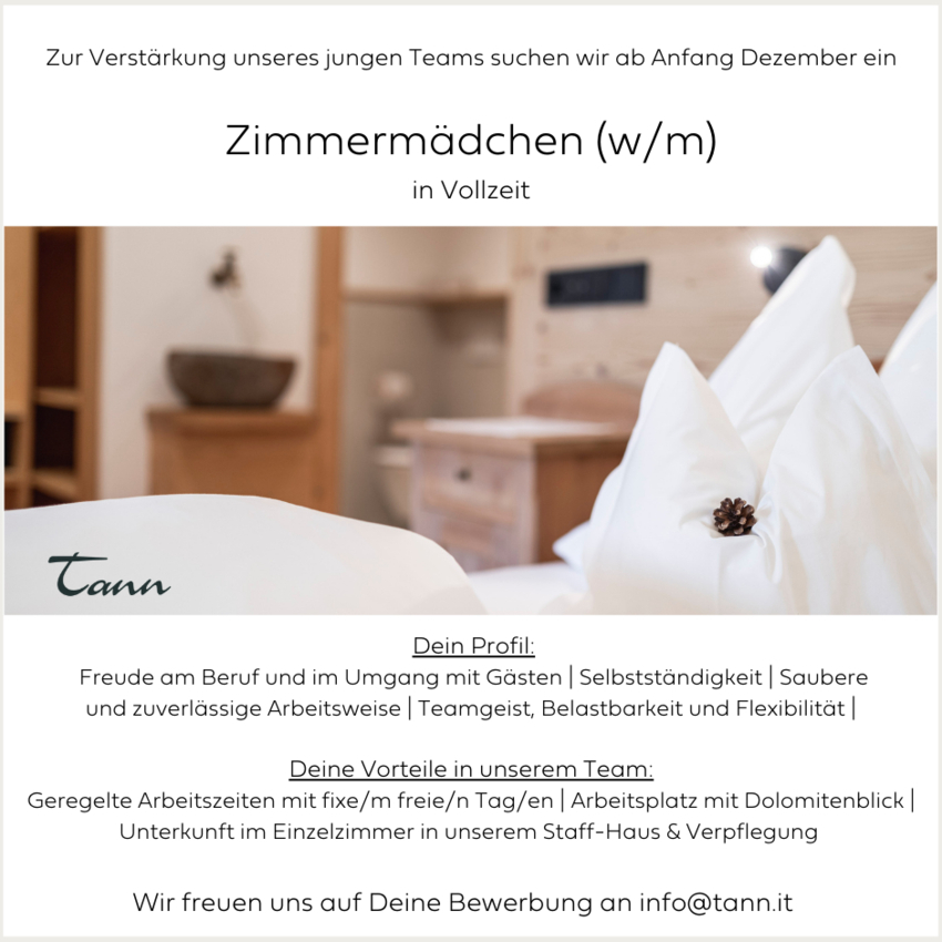 Zimmermädchen (w/m) ab Anfang Dezember gesucht