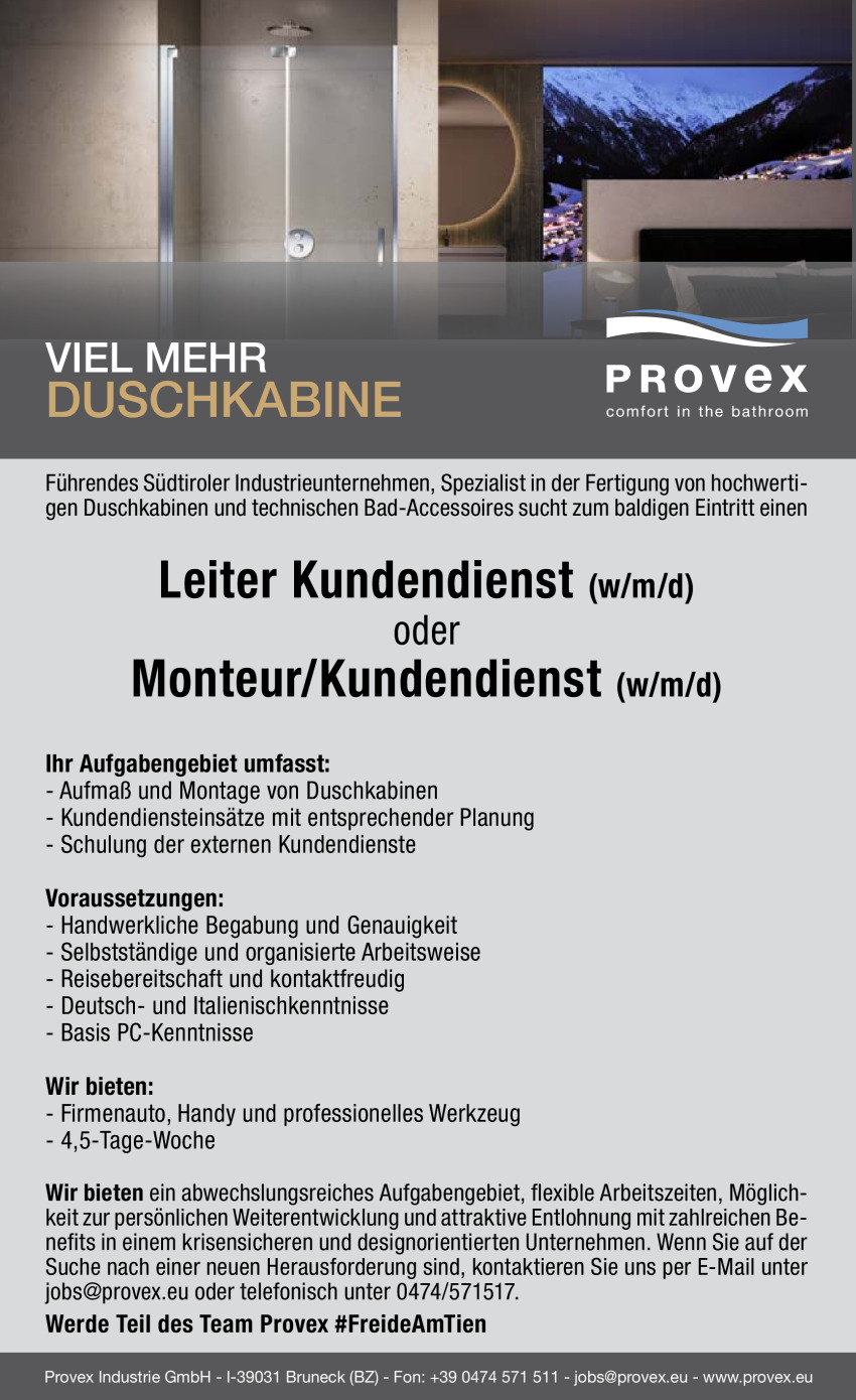 Leiter Kundendienst (w/m/d) oder Monteur / Kundendienst (w/m/d)