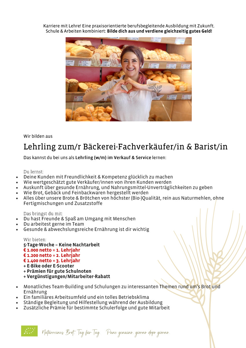 Lehrling zum Bäckerei-Fachverkäufer/in & Barist/in 