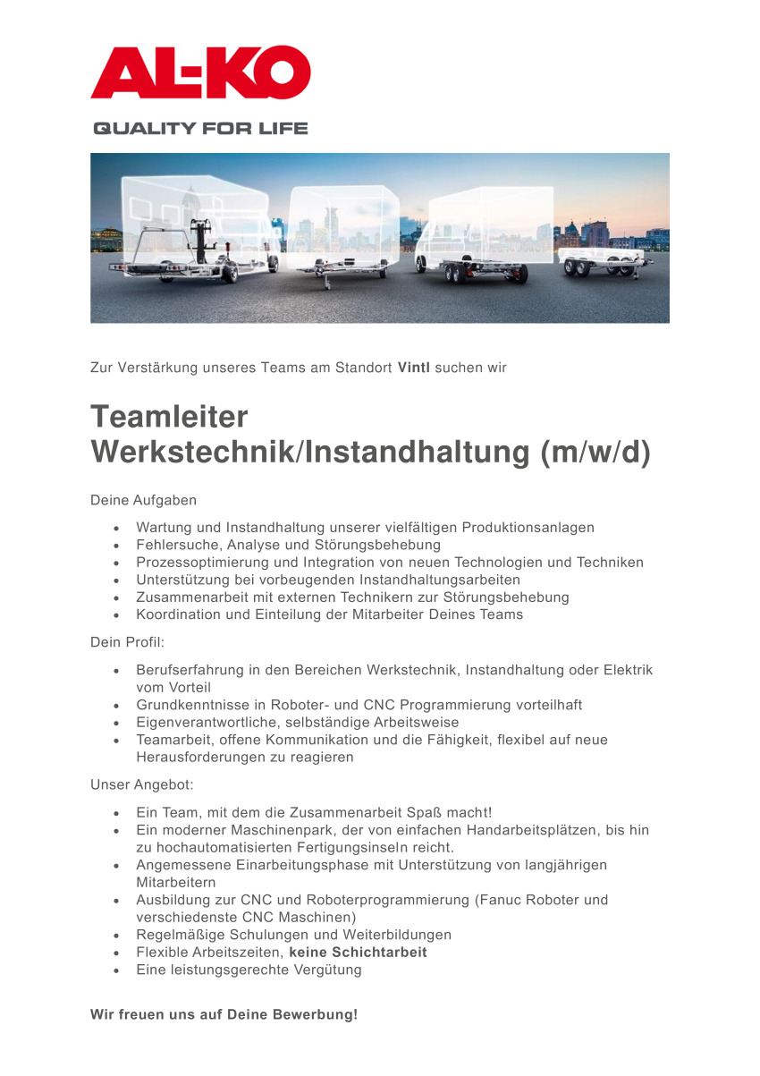 Teamleiter Werkstechnik / Instandhaltung (m/w/d) 